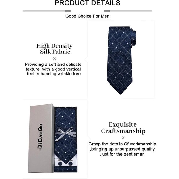 🆕Men Black Plaid Silk Checkered Necktie Pocket Square Cufflinks Tie Clip Set - Picture 6 of 6